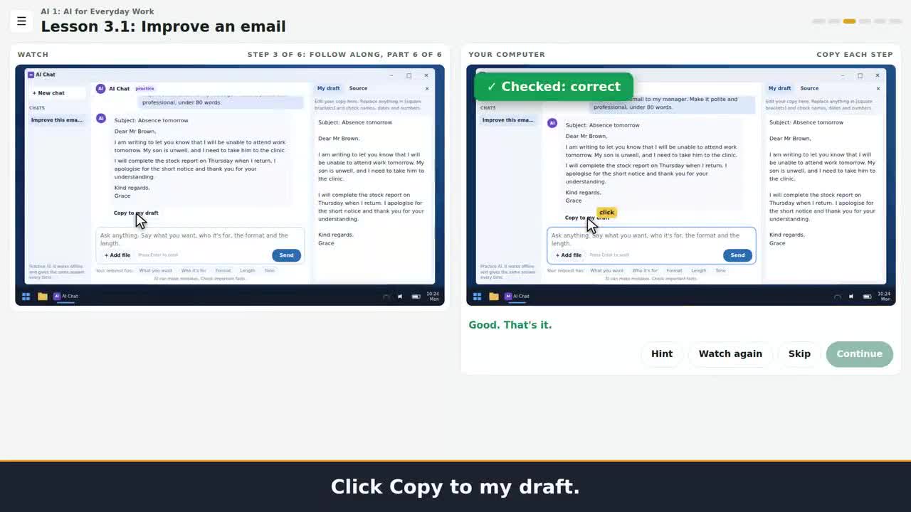 A still from the clip: Practise prompts on a safe practice assistant.