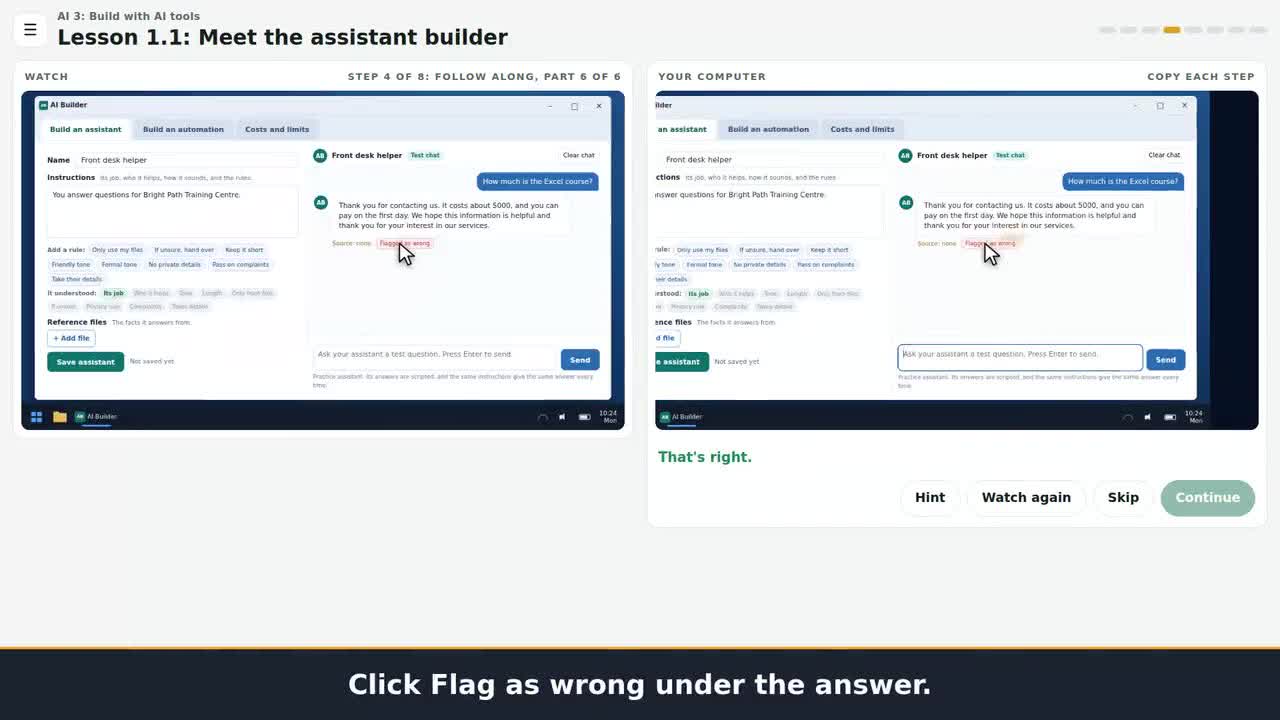 A still from the clip: Build an assistant, give it a job and test it.