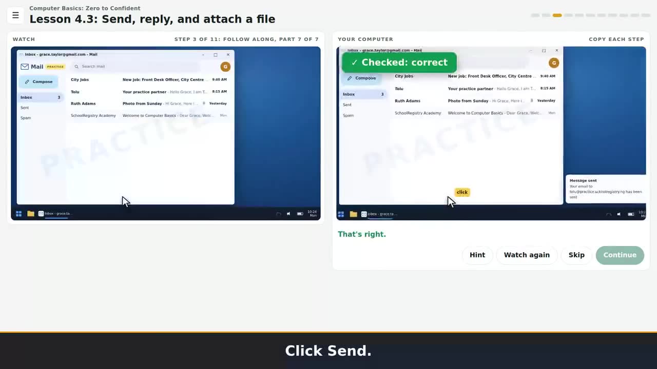 A still from the clip: Learn to send an email without any fear of breaking something.
