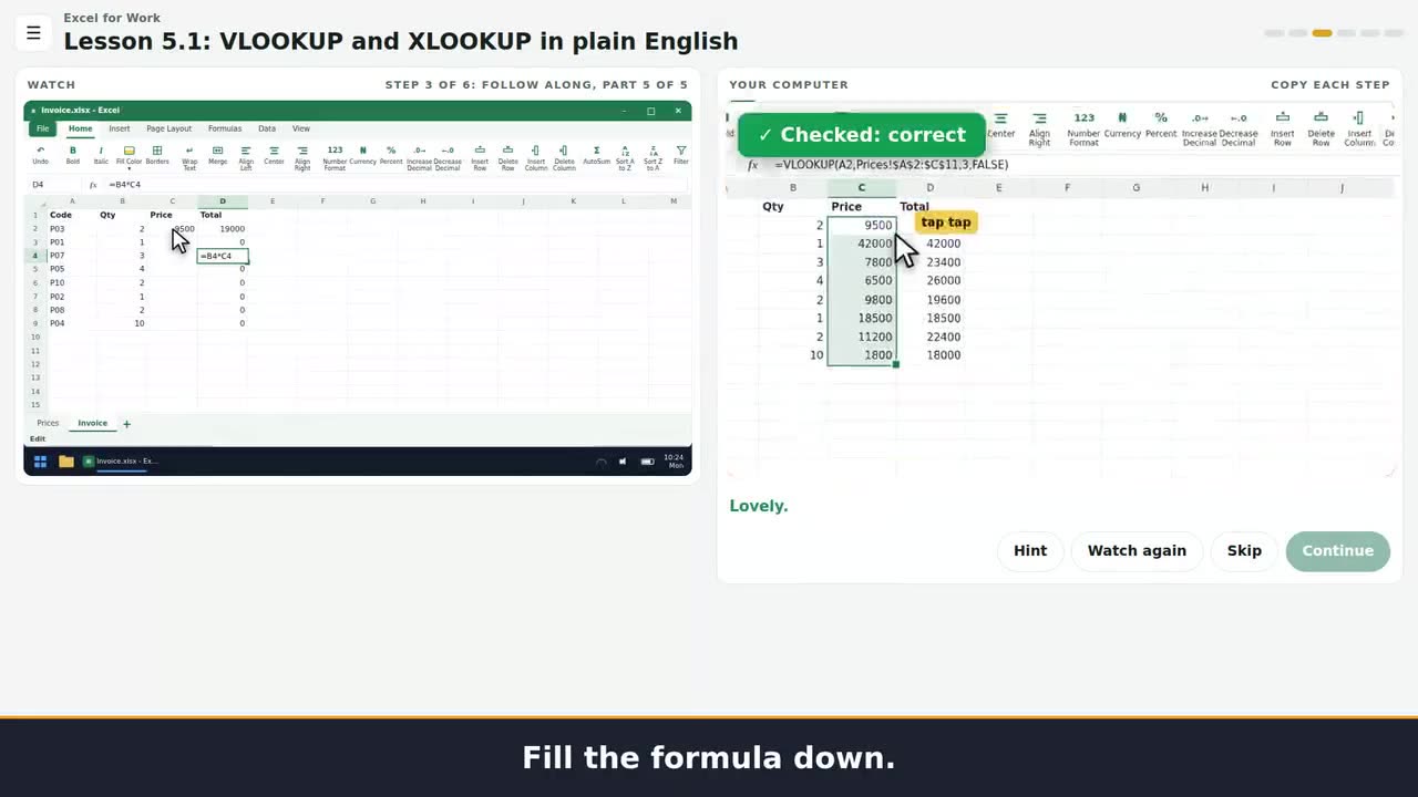 A still from the clip: Start from a blank sheet and finish with a working price lookup.