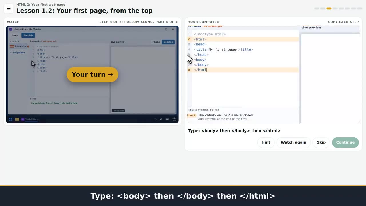 A still from the clip: Write a web page and watch it appear as you type.