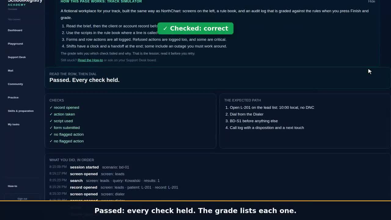 A still from the clip: Use the same kind of tools the job uses, with scenarios that score you.