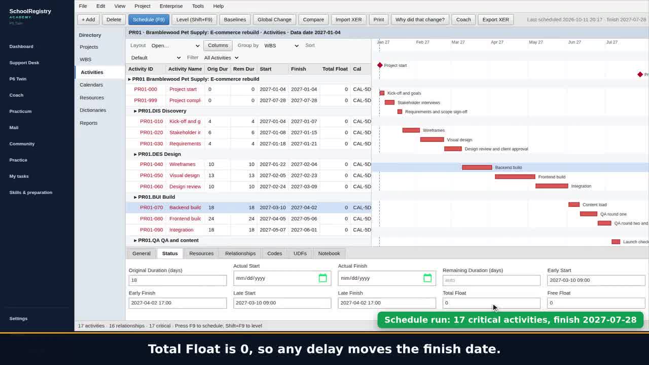 A still from the clip: Run a real project schedule and find the critical path.