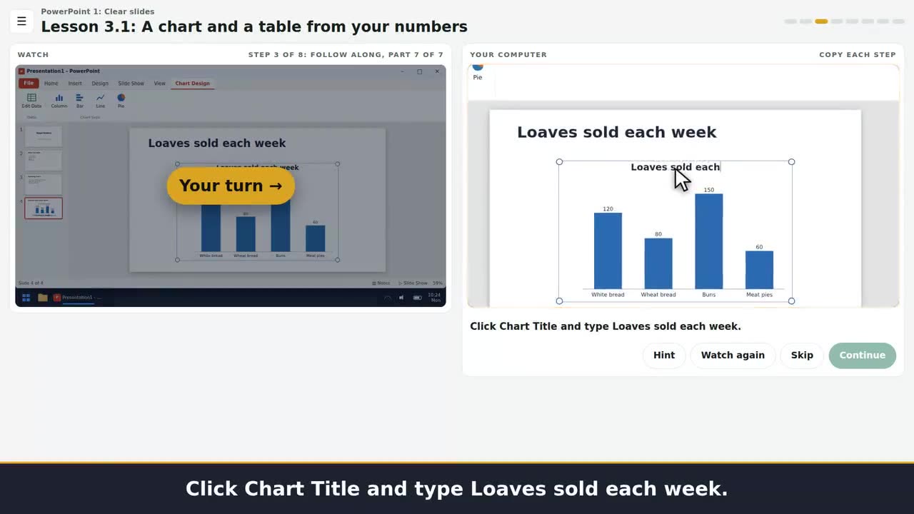 A still from the clip: Make a clear chart slide and have it checked.