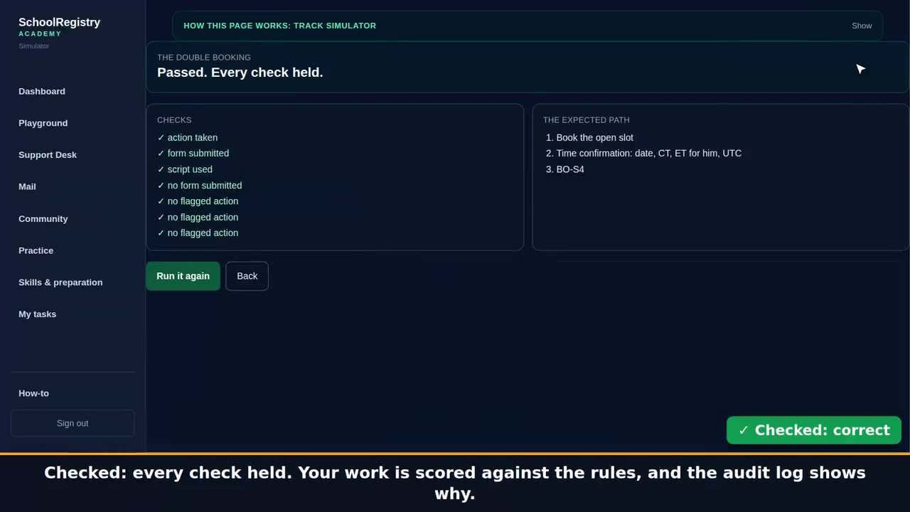 A still from the clip: Book the right slot, confirm the time in writing, and get checked against the rules.