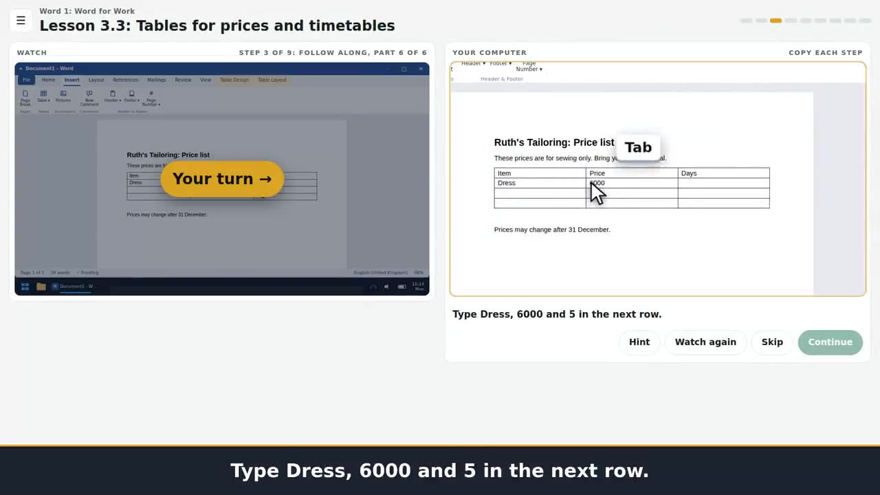 A still from the clip: Build a neat table for prices or a timetable, step by step.