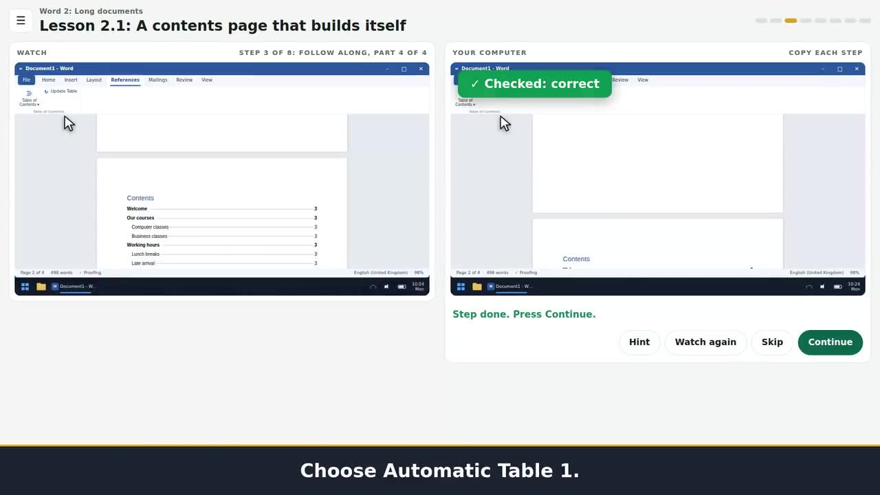 A still from the clip: Build a contents page that updates itself.