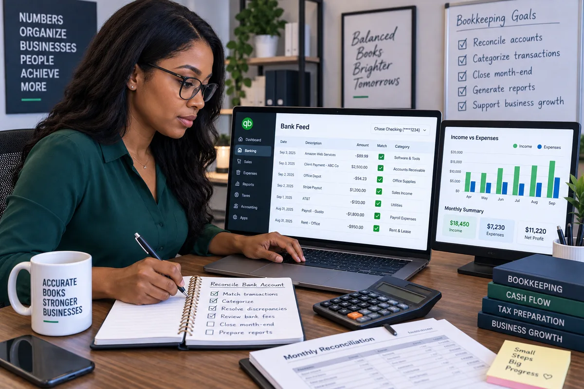 Illustration of a young West African adult reconciling a cloud ledger at a laptop