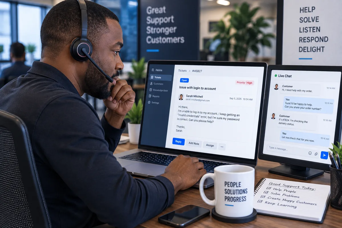 Illustration of a young West African adult working through a customer request with a headset and laptop
