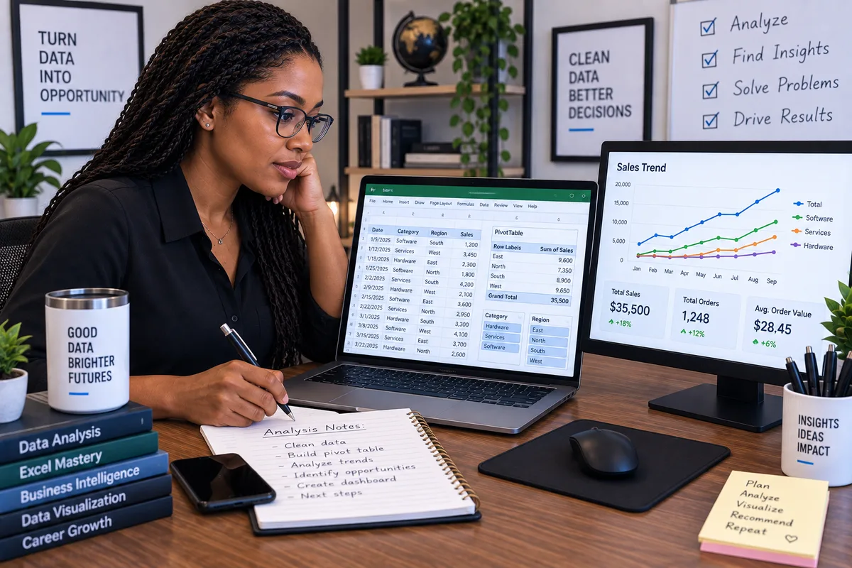 Illustration of a young West African adult reviewing a project schedule and a margin forecast on a laptop