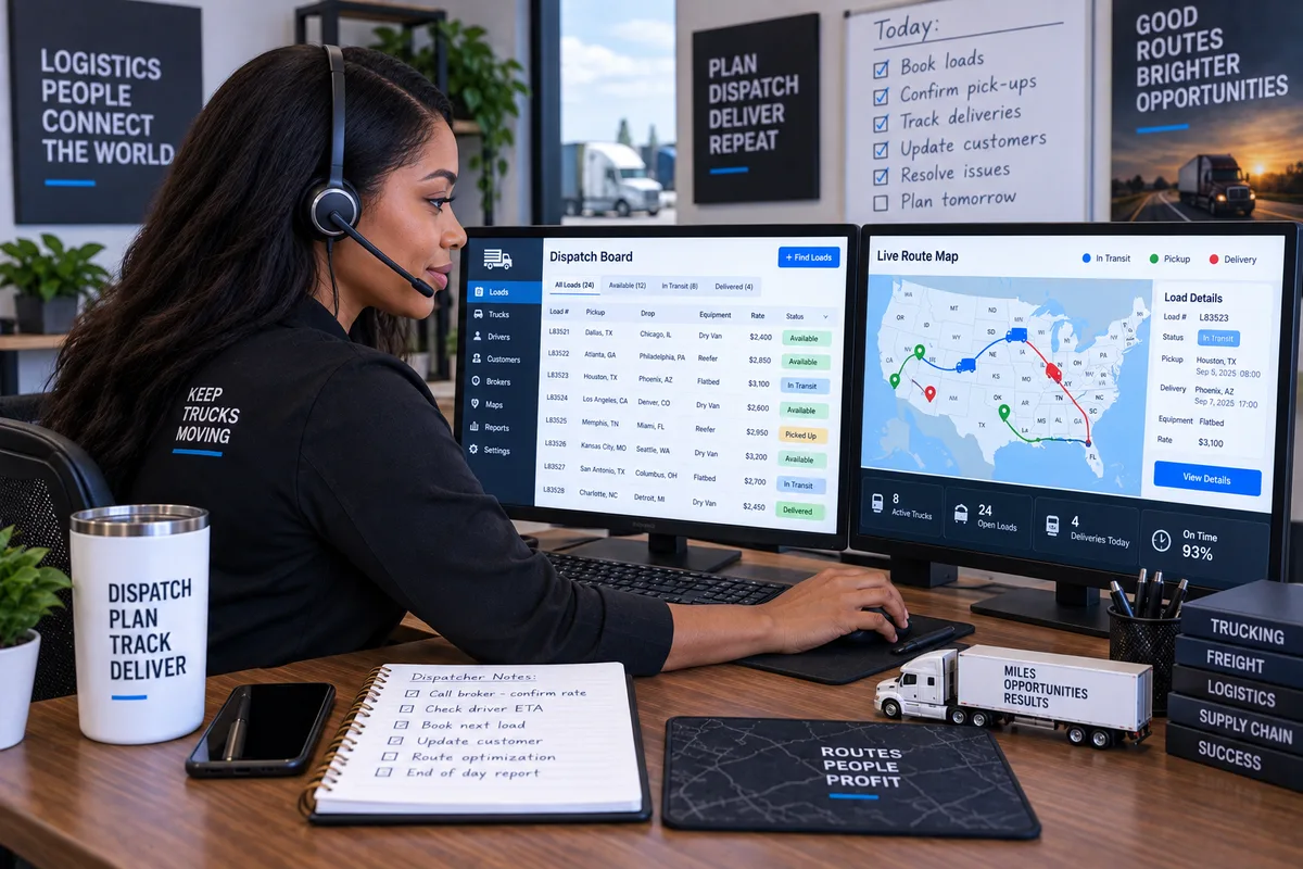 Illustration of a young West African adult running a truck dispatch board with a US lane map at two monitors