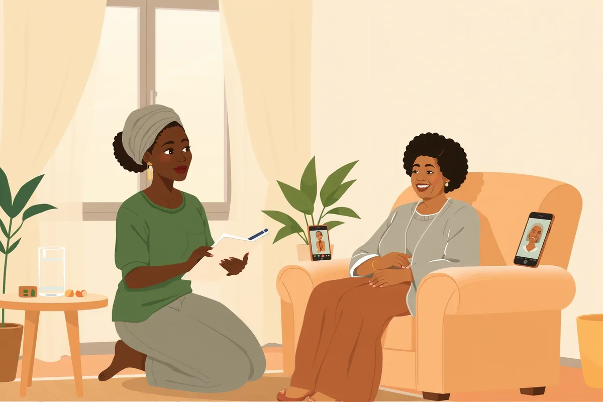 Illustration of a young West African carer kneeling beside an elderly woman in a West African living room, notebook in hand, a video call with her daughter abroad on the phone