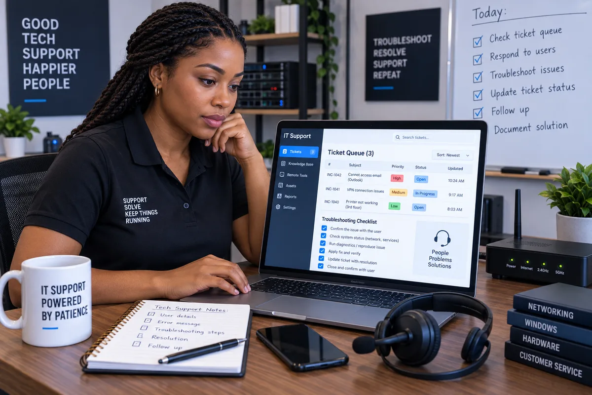 Illustration of a young West African adult investigating a technical issue at a laptop