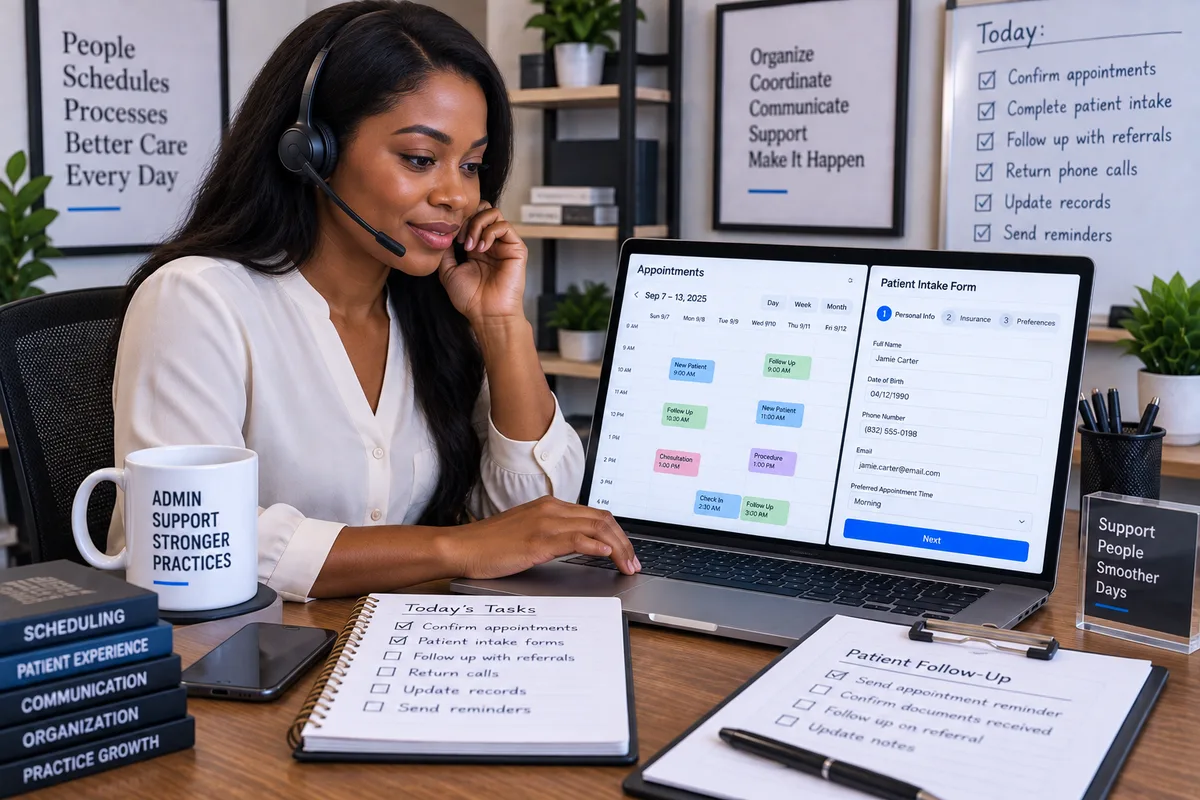 Illustration of a young West African adult handling a clinic call at a laptop with a headset