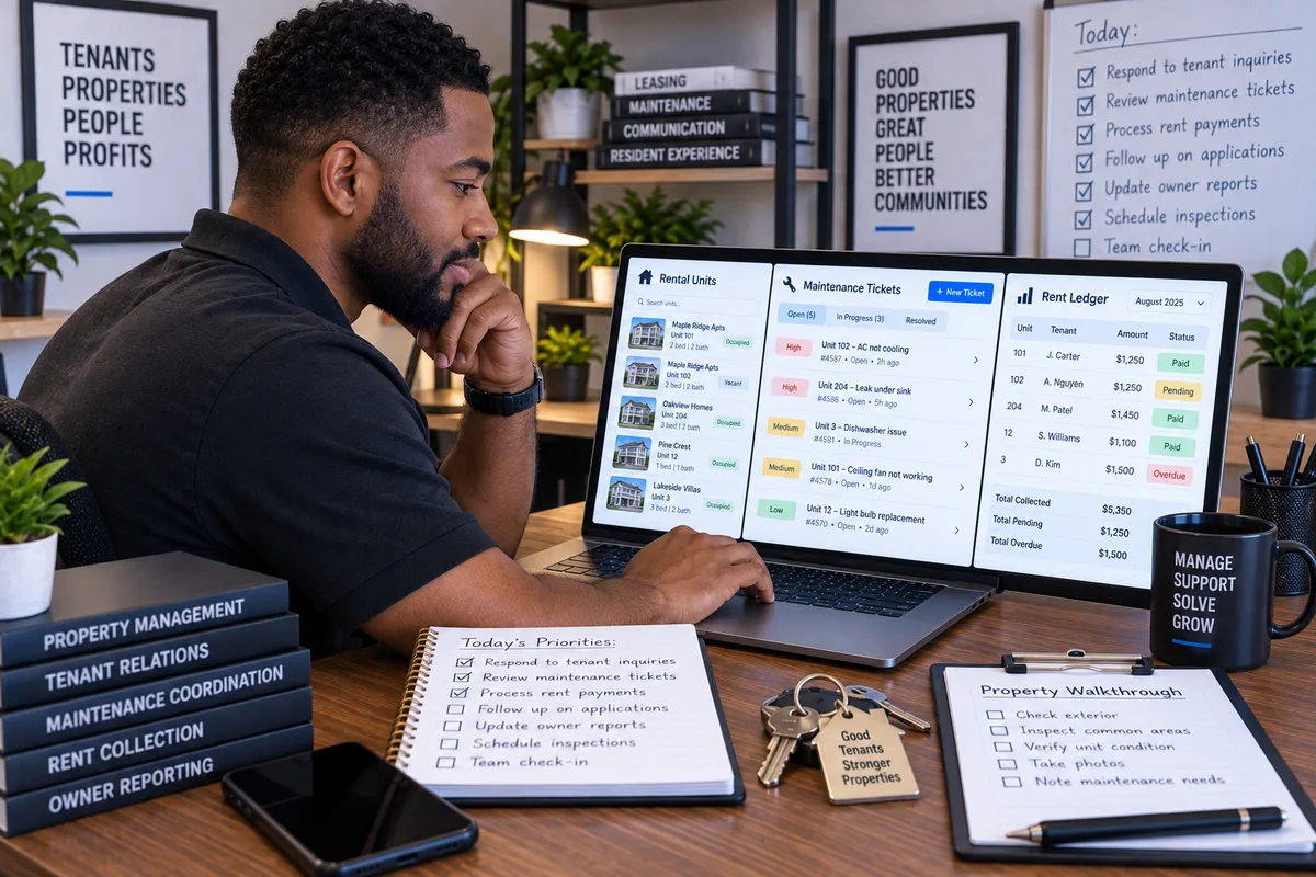 Illustration of a young West African adult running a property management dashboard with a maintenance queue and rent ledger at a laptop