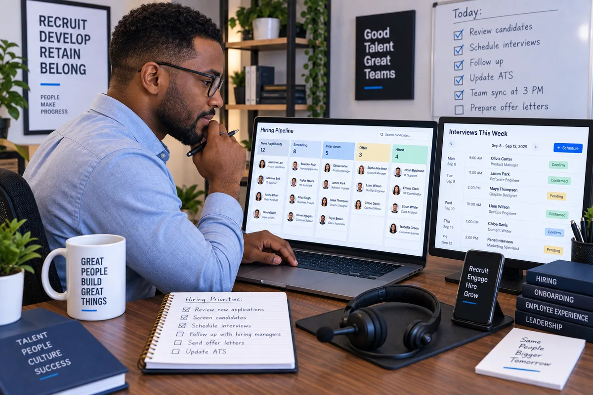 Illustration of a young West African adult managing a hiring pipeline and interview calendar at a laptop
