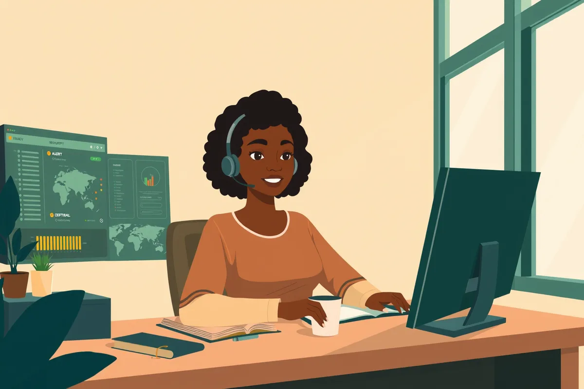 Illustration of a young West African adult triaging security alerts on two monitors