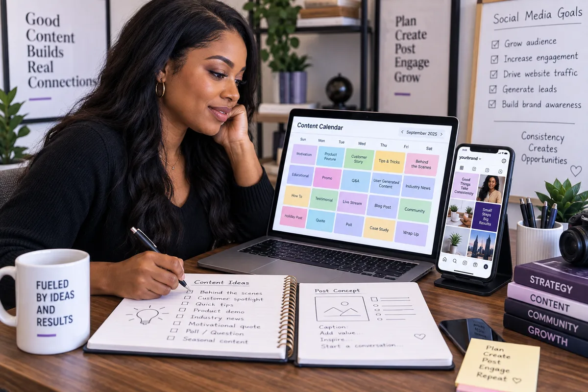Illustration of a young West African adult planning social content with a laptop and notebook