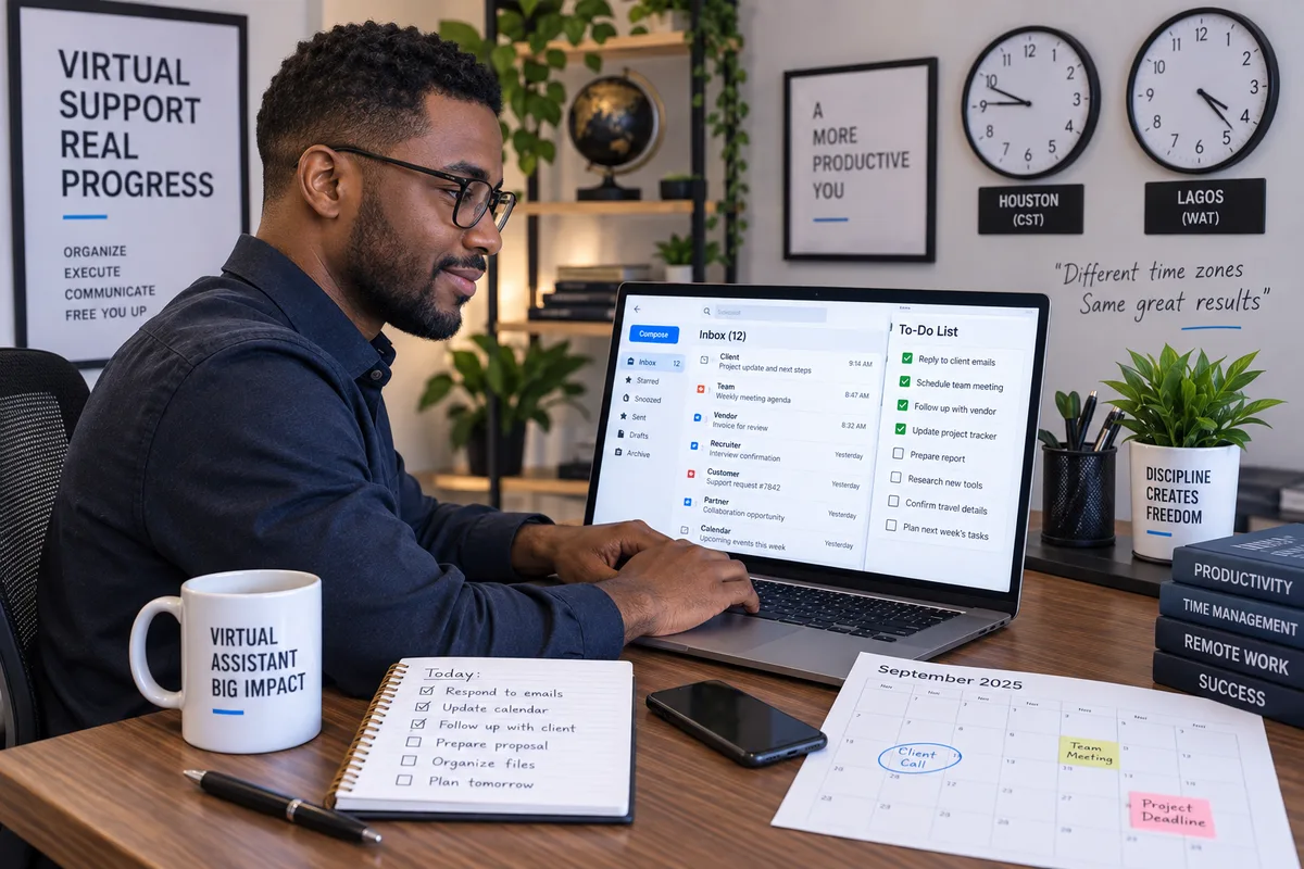 Illustration of a young West African adult organizing work at a laptop and writing in a planner
