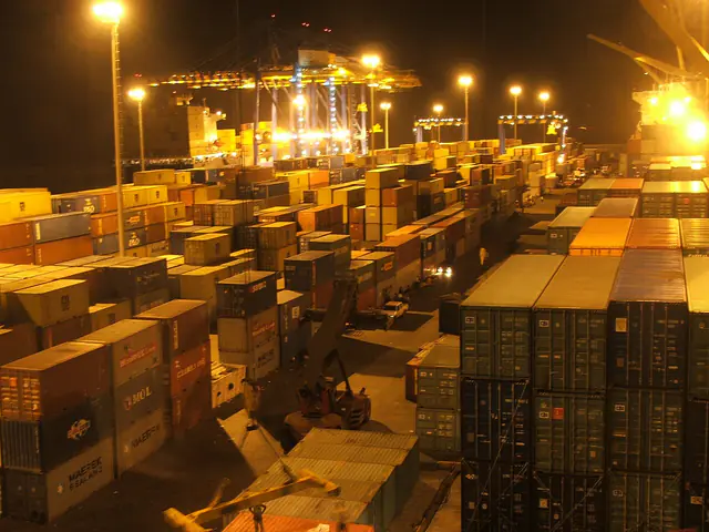 Container terminal at Tema Port, Ghana, at night