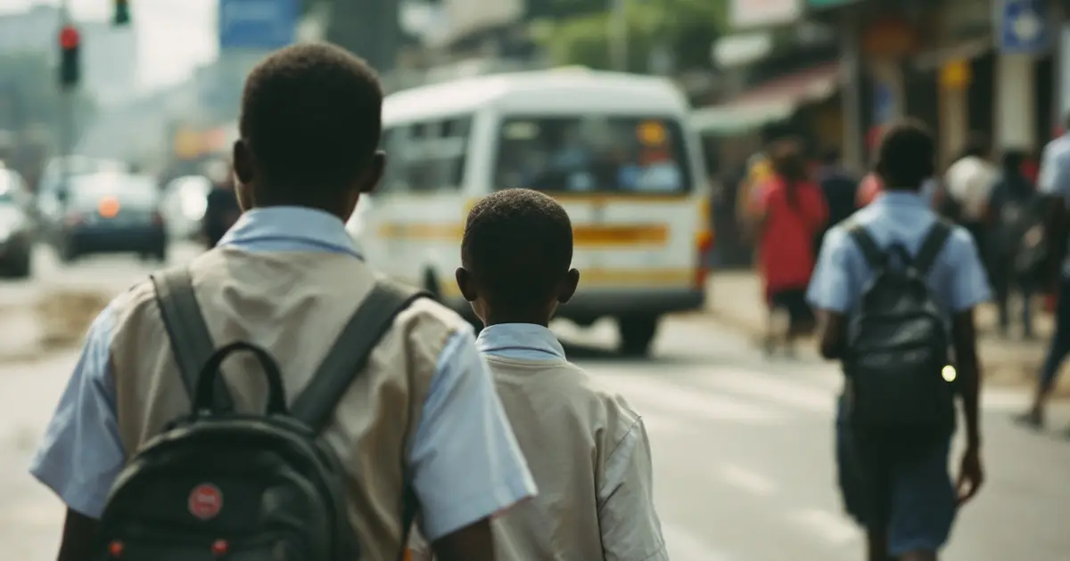 Illustrative photo of school children in uniform crossing a busy city street on the way to school, seen from behind