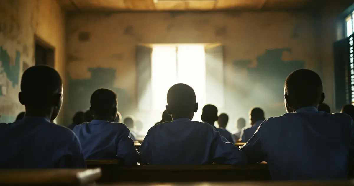 Illustrative photo of students at wooden desks in a Ghanaian classroom lit by sunlight through louvre windows, seen from behind