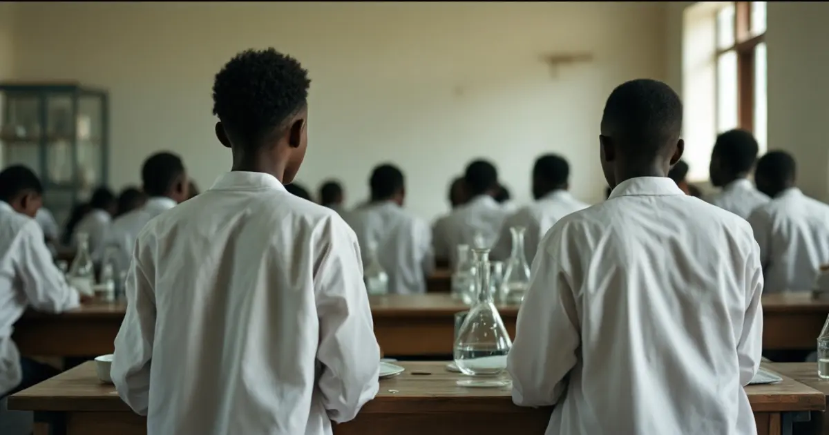 Illustrative photo of boys in white coats at wooden benches in a school science laboratory, seen from behind