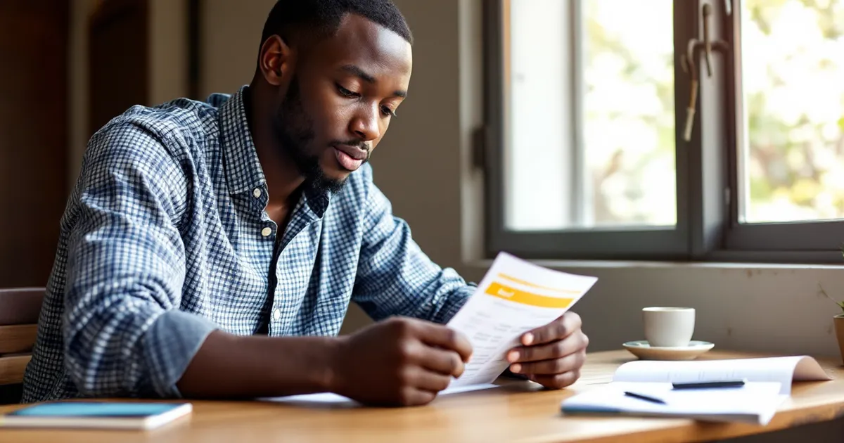 Illustrative photo of a young man at a table reading a printed result slip by a window. It is a staged illustrative photo, not a record of any real person or school.