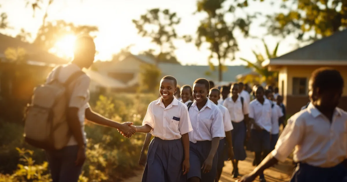 Illustrative photo of pupils in school uniform arriving at a school compound on a sunny morning. It is a staged illustrative photo, not a record of any real person or school.