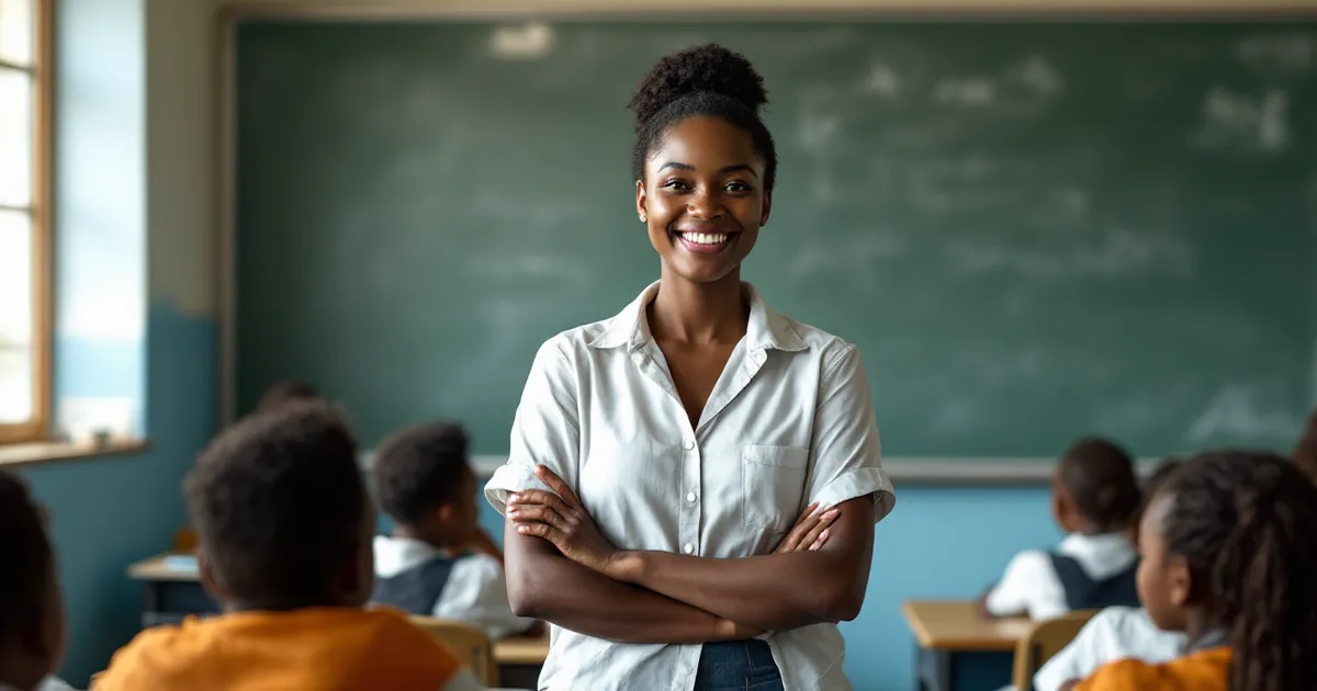 Illustrative photo of a smiling teacher standing in front of a blackboard with pupils at desks. It is a staged illustrative photo, not a record of any real person or school.