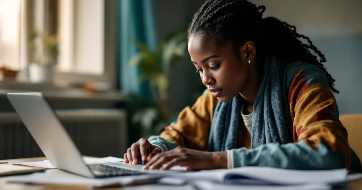Illustrative photo of a student reviewing application forms at a desk beside a laptop. It is a staged illustrative photo, not a record of any real person or school.