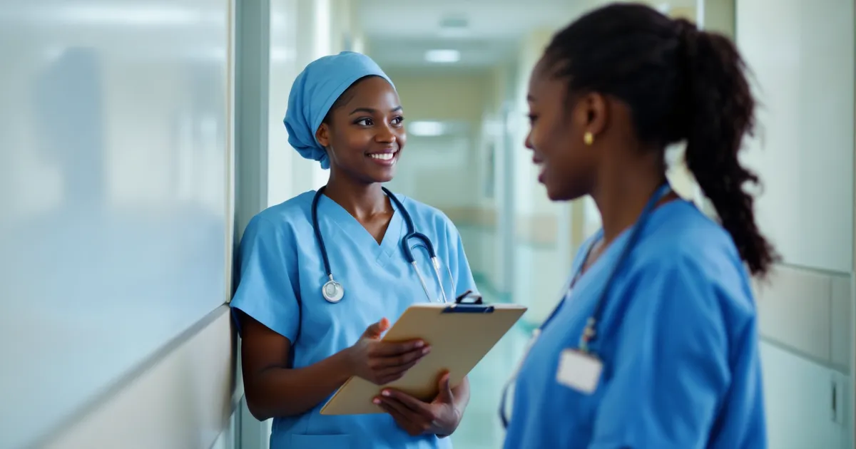 Illustrative photo of Ghanaian nurses in a hospital corridor. It is a staged photo, not a record of any real person or hospital.