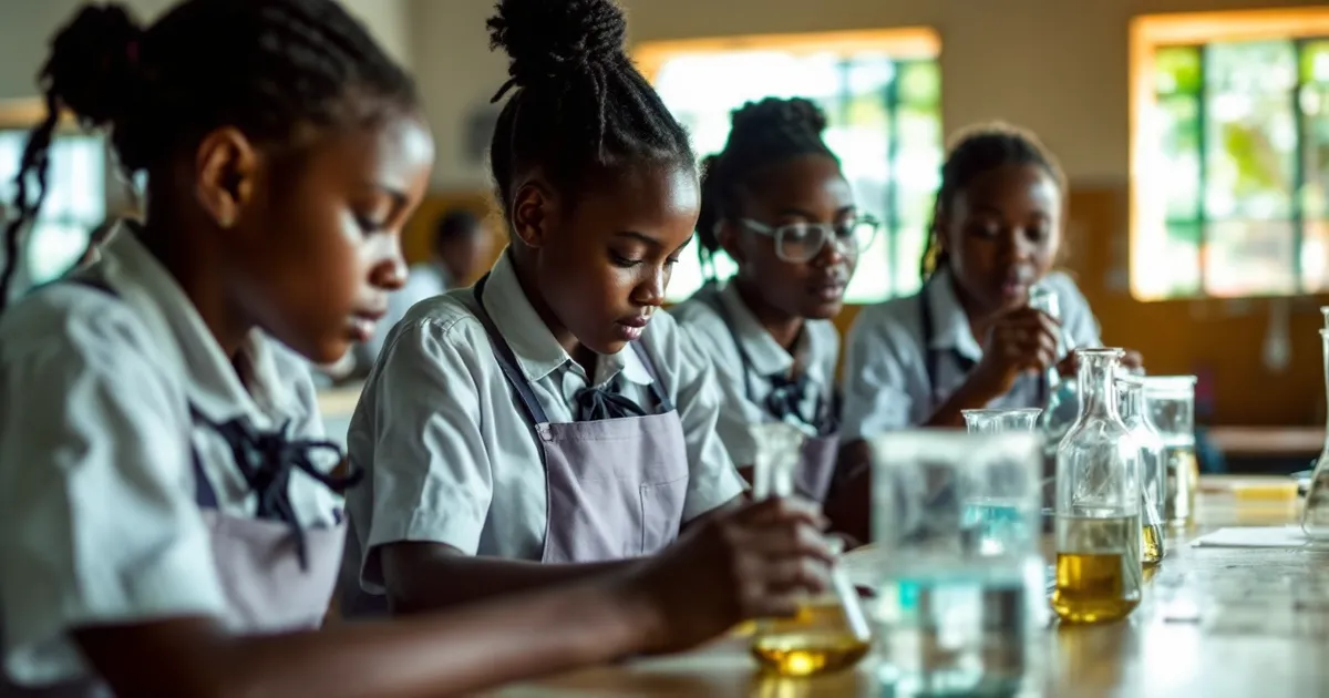 Illustrative photo of Ghanaian schoolgirls in a science laboratory. It is a staged illustrative photo, not a record of any real person or school.