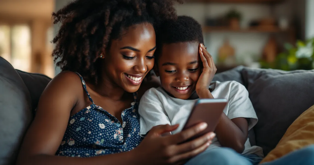 Illustrative photo of a mother and her child looking at a smartphone together at home. It is a staged illustrative photo, not a record of any real person or school.