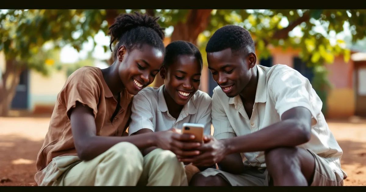 Illustrative photo of Ghanaian students using a phone and a laptop in a library. It is a staged illustrative photo, not a record of any real person or school.