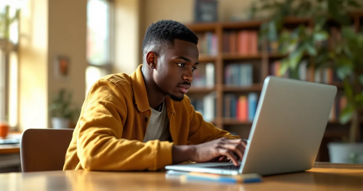 Illustrative photo of a student checking an admission status on a laptop in a library. It is a staged illustrative photo, not a record of any real person or school.