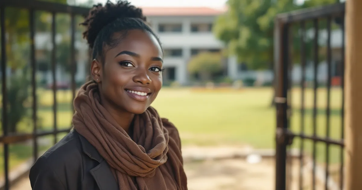 Illustrative photo of a young Ghanaian woman smiling at the open gate of a university campus. It is a staged illustrative photo, not a record of any real person or school.
