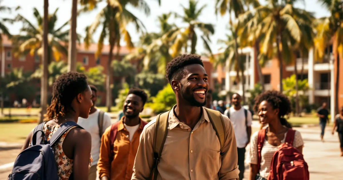 Illustrative photo of university students walking across a sunny campus with palm trees. It is a staged illustrative photo, not a record of any real person or school.