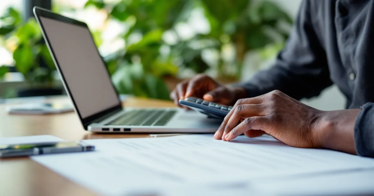Illustrative photo of a student using a calculator beside a laptop and blank paper. It is a staged illustrative photo, not a record of any real person or school.