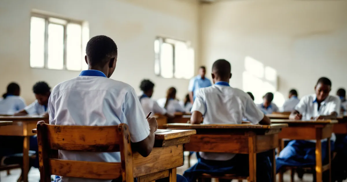 Illustrative photo of senior high school students writing an exam at desks in a hall. It is a staged illustrative photo, not a record of any real person or school.